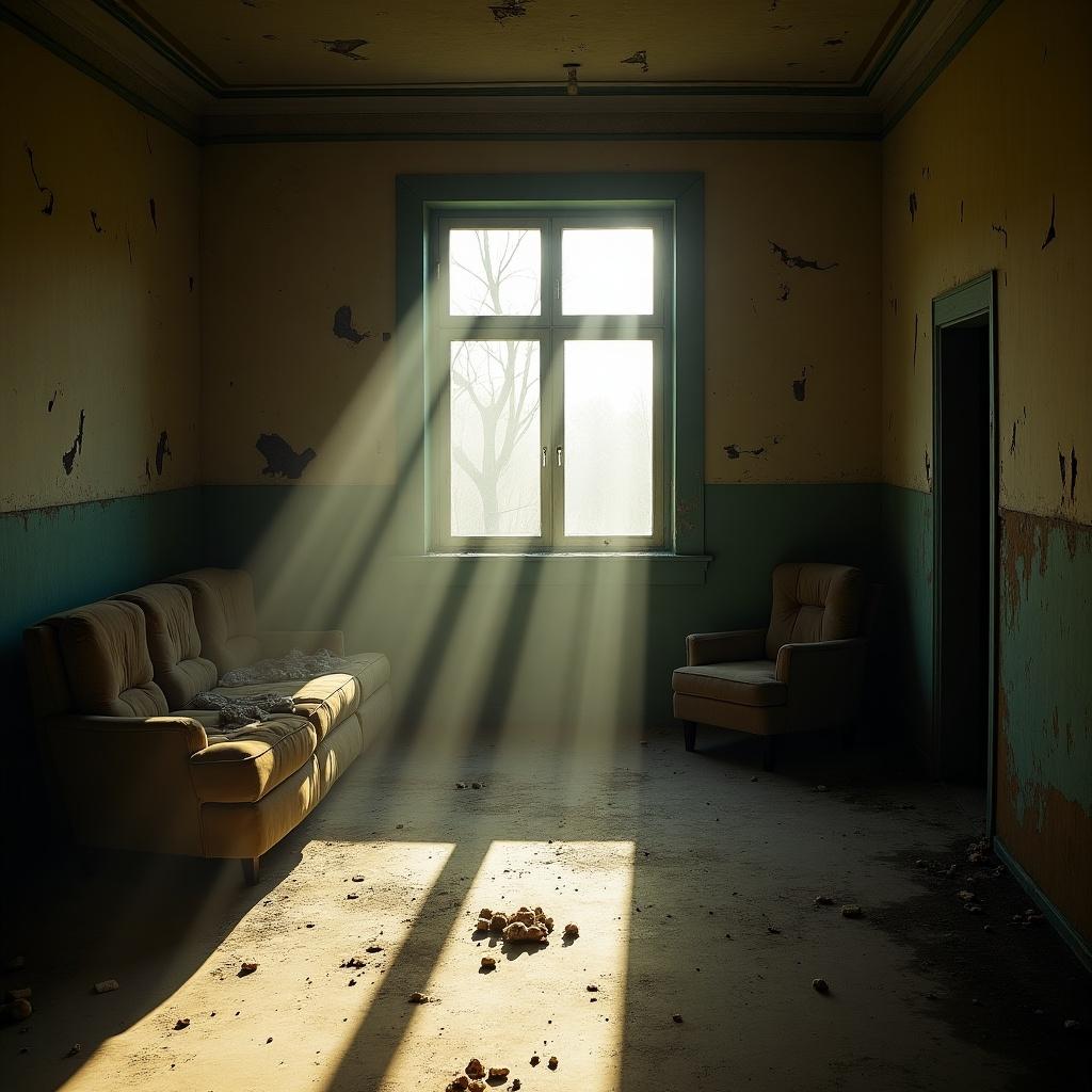 Abandoned room characterized by peeling walls and dust. Two pieces of furniture positioned around a striking sunlight beam coming through a window. The floor is dirty with debris.