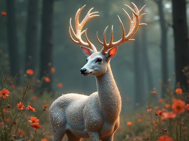 A striking picture of a deer adorned with jewels and flowers in a forest. The deer has a silvery coat. Radiant gems create a breathtaking scene. A hyperrealistic style is used with a bohemian aesthetic.