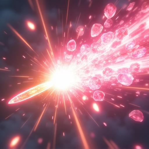 Cinematic anime-style action scene with a glowing magical bullet hitting the target. A burst of radiant energy forms sakura-shaped crystals in the air. Pink and white glowing shards expand like flower petals. Spiritual energy shockwave. Golden light mixed with soft pink glow. Mystical atmosphere with detailed visual effects and dramatic lighting.