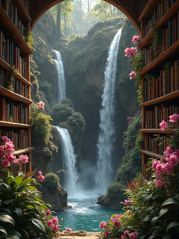 Professional photograph of a bookshelf with waterfalls and orchids and rare birds. Vibrant and deep colors create a photorealistic and hyperdetailed image.
