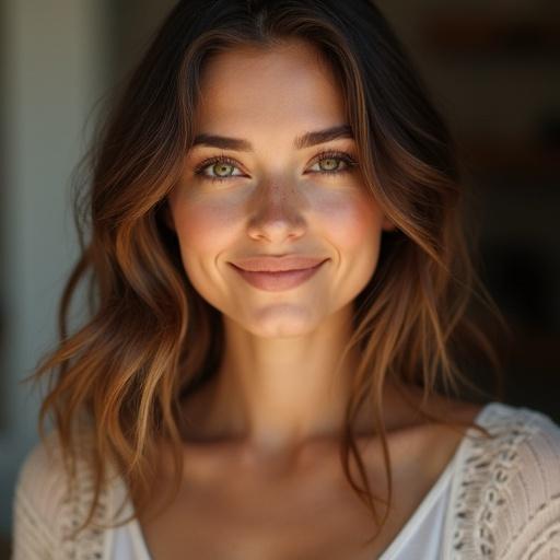 A woman with striking eyes and wavy hair softly smiles in gentle natural light