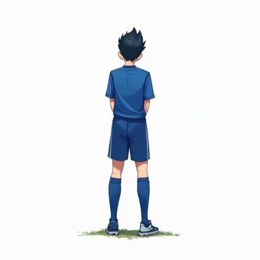 A boy wearing a blue soccer uniform stands with his back facing the viewer. He has short blue socks and is shown in full body. The background is plain white with a hint of green grass at the bottom.