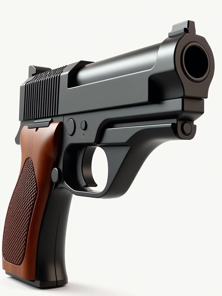 A large semi-automatic handgun inspired by the Desert Eagle. The design includes a robust wide frame and a matte-black finish. The gun has a long sleek barrel with a distinct muzzle break. The grip is textured made of polished wood or rubber. The slide is angular with a smooth metal finish. The overall design is clean focusing on a powerful handgun aesthetic.