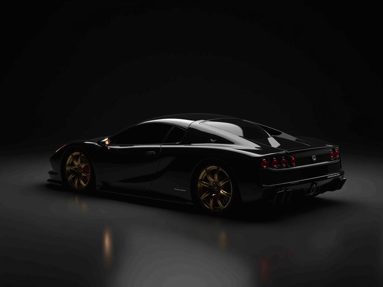 The image features a sleek, black sports car, highlighting its profile against a subdued, dark background. The car has a stylish and aggressive design, characterized by its streamlined silhouette and prominent rear wing. It is equipped with golden rims that reflect a hint of light, emphasizing the sporty aesthetic. The surface around the car is smooth and glossy, further complementing its shine. Overall, the composition showcases the elegance and power of the vehicle.