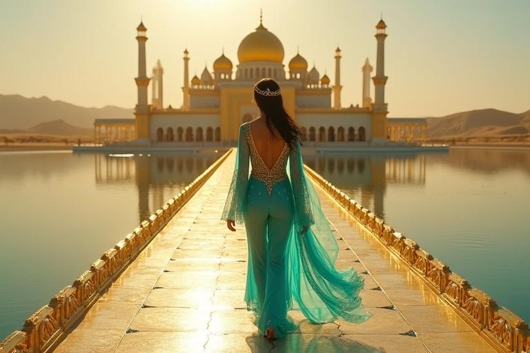 A princess walks on a golden bridge across a tranquil desert lake toward a majestic temple. The scene captures her flowing turquoise outfit with intricate gold embroidery under warm sunlight. The environment is magical with reflections and a serene atmosphere. Her black hair and jeweled headpiece glisten in the light.