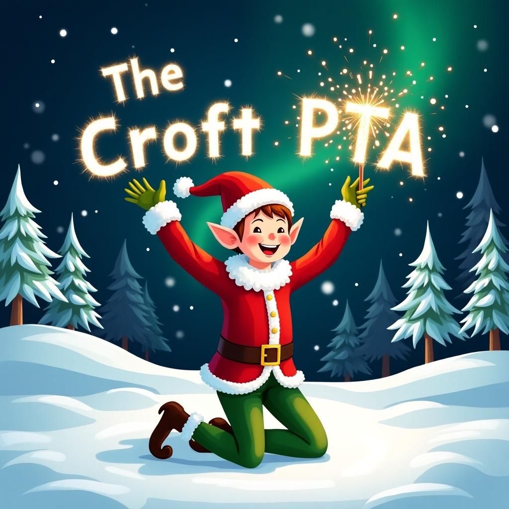 Cheerful elf in red and green kneeling in snow. Elf joyfully writes 'The Croft PTA' in sparkler light. Snow-covered trees in background. Night sky hints northern lights. Bright and colorful, whimsical style.