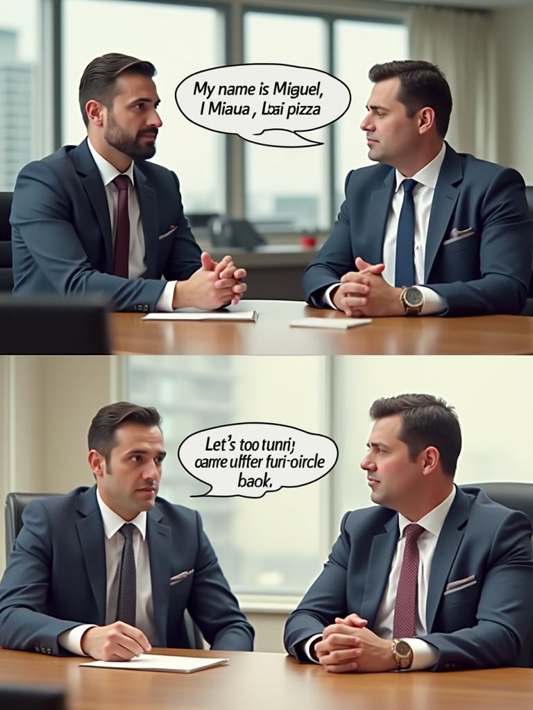 Meme illustrating a comparison of English in school versus English at work. Left side shows a student with a simple introduction. Right side shows a man reacting to complex corporate slang.