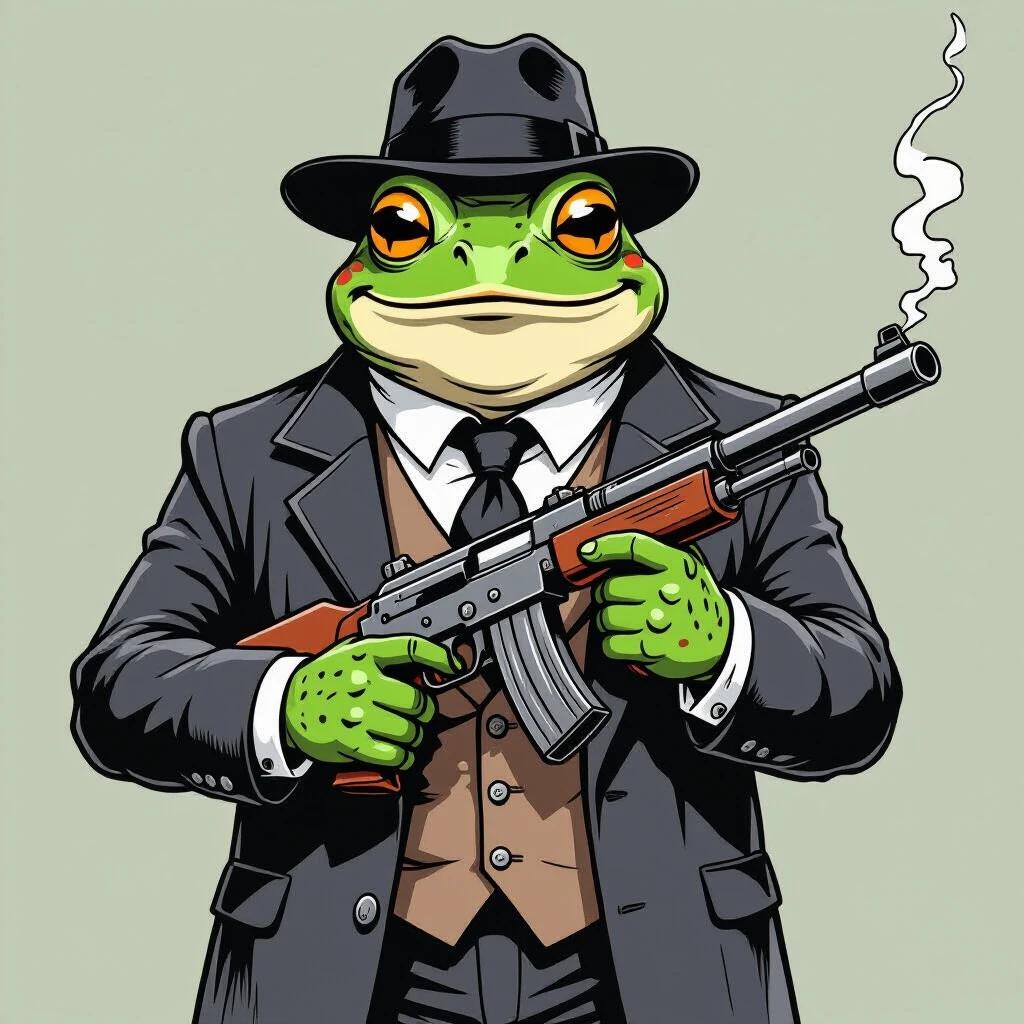 Humanoid frog characterized as a mafia member. Frog wears a black fedora and suit. Frog holds a tommy gun confidently. The background is light and simple.