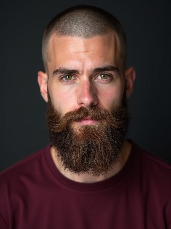 Portrait of a young man with green eyes and a full beard. He has a closely shaved head. His t-shirt is deep burgundy. Nice complexion is visible.