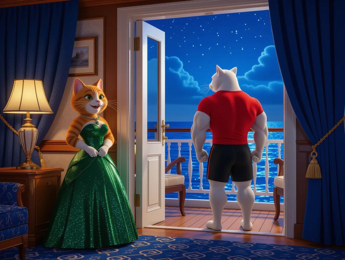 Two anthropomorphic cats aboard a cruise ship at night. A charming orange cat in a shiny emerald evening gown stands on the left next to a lamp. On the right, a muscular white cat in a red T-shirt and black shorts gazes out from an open balcony door. The scene shows luxury and romance, contrasting warm interior and cool ocean outside. 3D dramatic style.