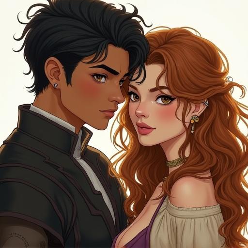 Dibujo de una mujer de cabellos castaños y ojos marrones junto a dos hombres. Uno tiene el pelo negro corto y el otro castaño más largo. Ambos son guerreros y la mujer está enamorada de ellos. Ambientación de fantasía.