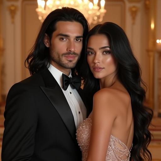 Handsome man in black tuxedo beside beautiful woman in rose gold wedding gown. Both have long black hair. Neutral expressions. Elegant wedding hall background with luxurious decorations and soft lighting. Highly realistic and detailed image.
