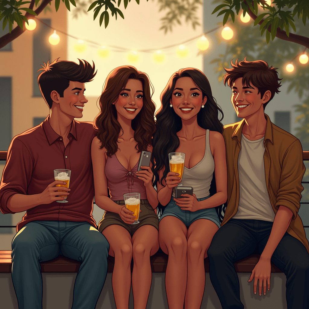 The image features a group of four animated friends sitting together on a bench, enjoying a casual evening. The setting appears to be outdoors, possibly on a rooftop or patio, as hinted by the soft focus of city buildings and greenery in the background. Overhead, warm string lights add a cozy ambience to the scene.

The two women, seated in the middle, are both holding drinks and looking at the camera with joyful expressions. Each is holding a smartphone, suggesting they might be taking a photo or checking social media. Their outfits are casual and summery: one wearing shorts and a tank, the other a sleeveless top with a midi skirt.

Flanking them are two men, each with a drink in hand, sharing a laugh. The one on the left wears a collared shirt, while the one on the right is dressed in a casual jacket over a T-shirt. All four characters are depicted with a vibrant and youthful style, highlighting the mood of friendship and fun.

The color scheme of the image is warm and inviting, befitting an enjoyable evening spent in good company.