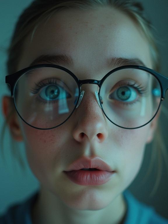Close-up portrait of person wearing glasses with striking blue eyes and subtle freckles. Soft light creates a calm atmosphere. The expression is thoughtful and introspective.