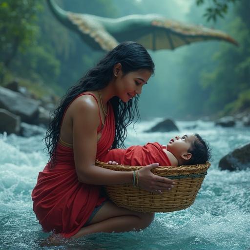 Mother kneeling in a mountain river. She wears a red sari and has long black hair. A gentle expression on her face. Baby with wide eyes wrapped in red cloth placed in a woven basket in the water. A massive serpentine creature is faintly visible in the misty background. Surroundings are lush and rocky with blue tones. The image has a Pixar-style 3D cinematic feel.