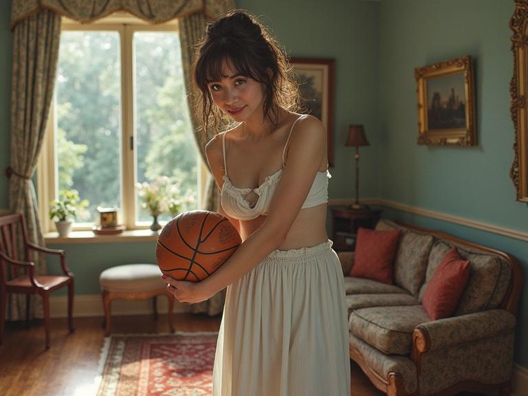 A person holds a basketball dressed in a casual outfit. There is a cozy room with vintage decor in the background. Light streams in through a large window, casting a warm glow. The atmosphere is relaxed and inviting.