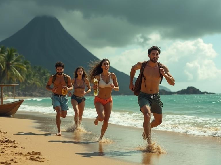 Four adults run on a tropical beach. A volcano erupts behind them. Dark clouds fill the sky and ash falls. Waves crash on the shore. Sand kicks up as they rush to a boat. The explorer looks back nervously. A woman holds a spilled drink. One carries a backpack. Another encourages the group with a worried expression. The scene has cinematic lighting and dramatic tension.