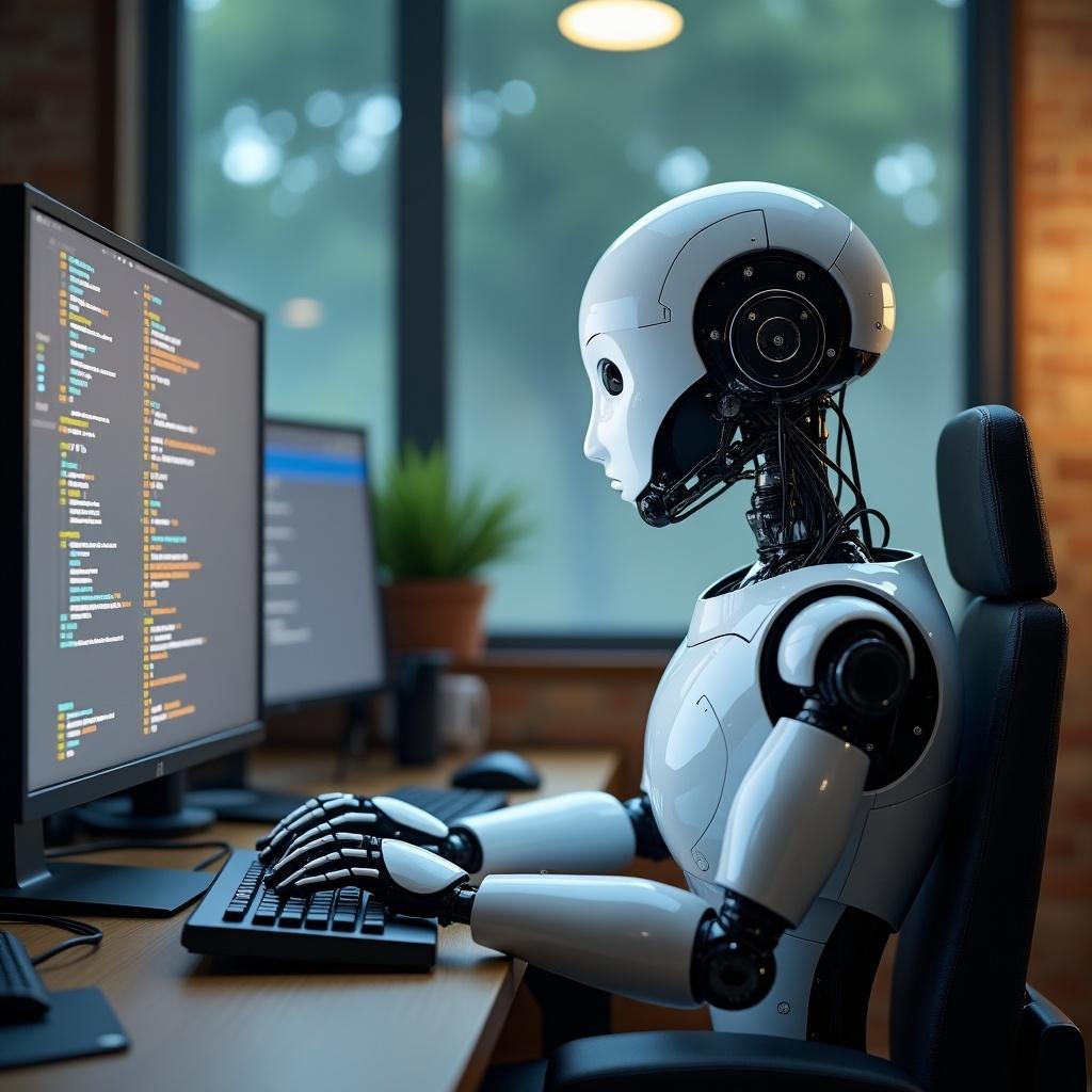 A sleek robot is seated at a modern desk, focused on a computer screen displaying lines of code. It has a humanoid appearance, with articulated limbs and a glowing interface. Soft natural light pours in from a nearby window, emphasizing the contemporary workspace. The ambiance is futuristic, suggesting a blend of technology and creativity. Potted plants are placed strategically around the desk to add a touch of nature.