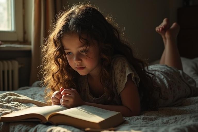 A girl lies on a bed and reads a book. She has long dark brown curly hair. The room appears old and gloomy. Warm light enters through the window.