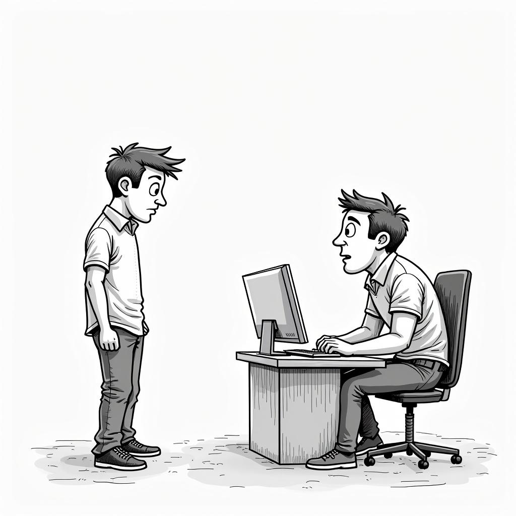 Illustration of a person standing in front of a desk with a computer. Another person sitting at the desk. The sitting person appears to be scolding the standing person. The illustration is in line art style.