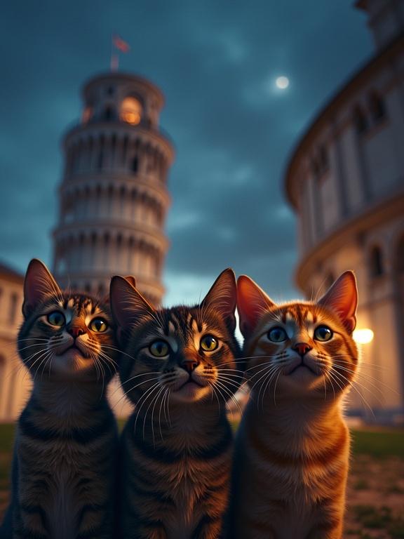 Three cats take a selfie in front of the Leaning Tower of Pisa. Funny expressions captured. Hyperrealistic style with emphasis on shadows and dark colors. Night sky backdrop.