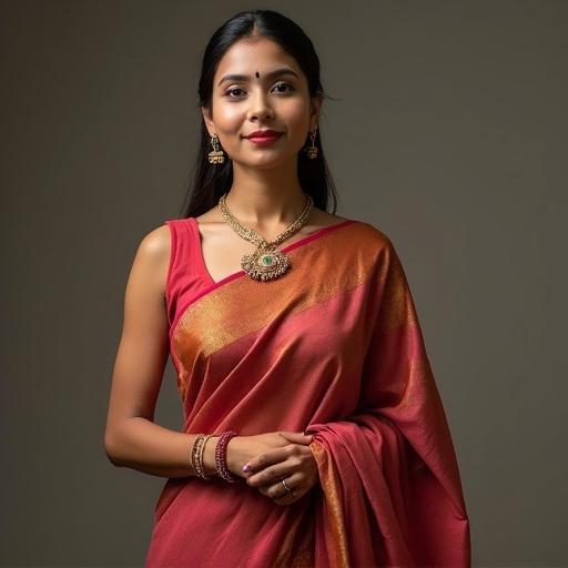Fit mother showcased in a saree. She presents a graceful pose. Elegant saree with a rich color palette of red and gold. Detailed jewelry complements the look.