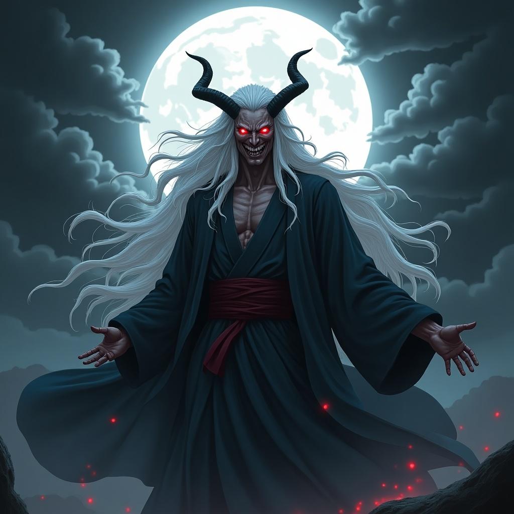 Image depicts a powerful figure with long white hair and horns. Figure has glowing red eyes and wears a flowing traditional robe. Dark clouds surround the figure and a full moon is in the background. Scene captures supernatural elements with a dark fantasy feel.