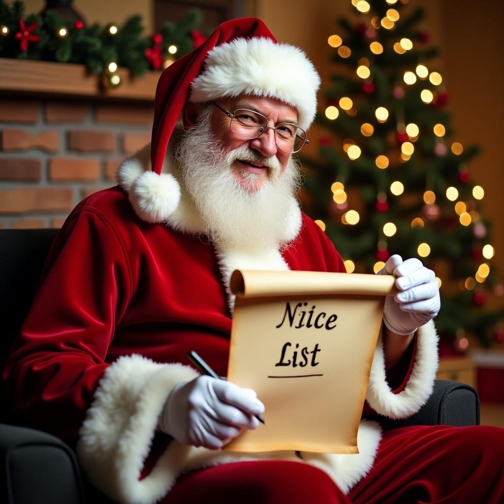 Santa is writing on a parchment labeled Nice List. The scene is warm and festive. There are Christmas decorations in the background. Santa holding a festive Nice List plaque. A joyful atmosphere associated with Christmas.