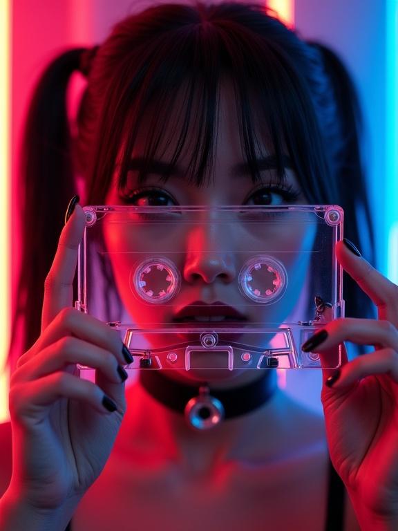Close-up shot of a woman holding a transparent cassette tape in front of her face. Dark blue painted nails grip the edges of the cassette. Lips painted dark. She wears a black choker with a silver ring. Short black pigtails with strands over the forehead. Background features abstract glowing red and blue lights.