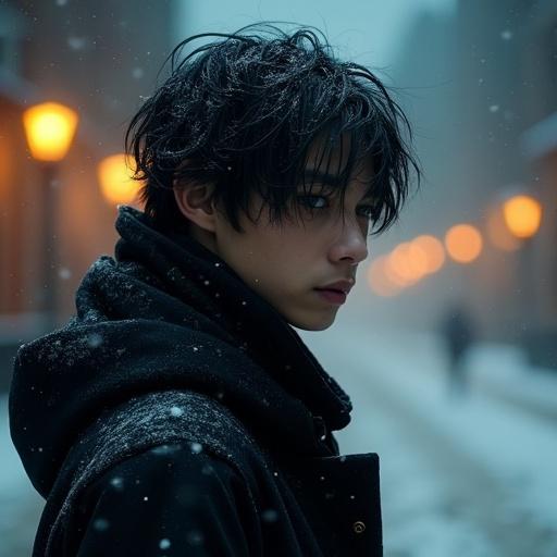 Snowy winter night in a quiet city. Dim streetlights glowing softly. Young man with intense golden eyes and messy black hair. Dressed in a dark cloak. Walking alone through the snow. Expression full of longing and silent pain.