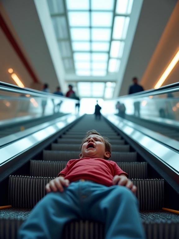 A 3D rendered digital artwork emphasizes a low-angle view of a mall escalator. A toddler in a red shirt and blue pants lies prone and crying on the steps. The mall is modern with parallel escalators under a glass skylight. Shoppers are blurred in the background. Soft natural and mall lighting illuminate the scene evenly with cool tones. The perspective is strong with leading lines highlighting the emotional expression of the child. This is a three-dimensional computer generated image focused on emotion and perspective.
