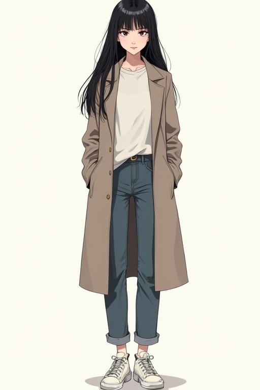 Illustration features an independent female character with long black hair. She wears a long beige coat over a white shirt. Her jeans are straight cut and blue. White sneakers complete her minimalist look. She stands confidently with her hands in her pockets.