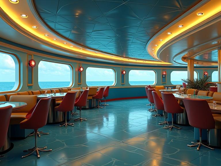 Cruise ship casino interior viewed from first person. Features art-deco style with blue and yellow colors. Environment appears low quality reminiscent of 1990s graphics. Low poly and minimal design elements showcase a simple yet unique aesthetic.