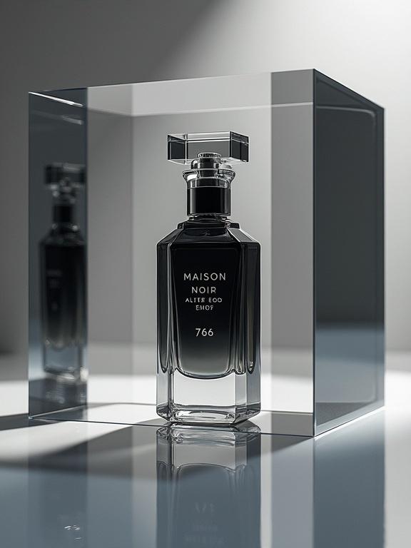 A luxury bottle of MAISON NOIR ALTER EGO 786 is placed in a mirrored cube. The bottle is black and elegant. Surrounding dimensions blend between gray tones and colors. Soft light reflects off the glass surfaces. A slogan appears on screen promoting fragrance change.