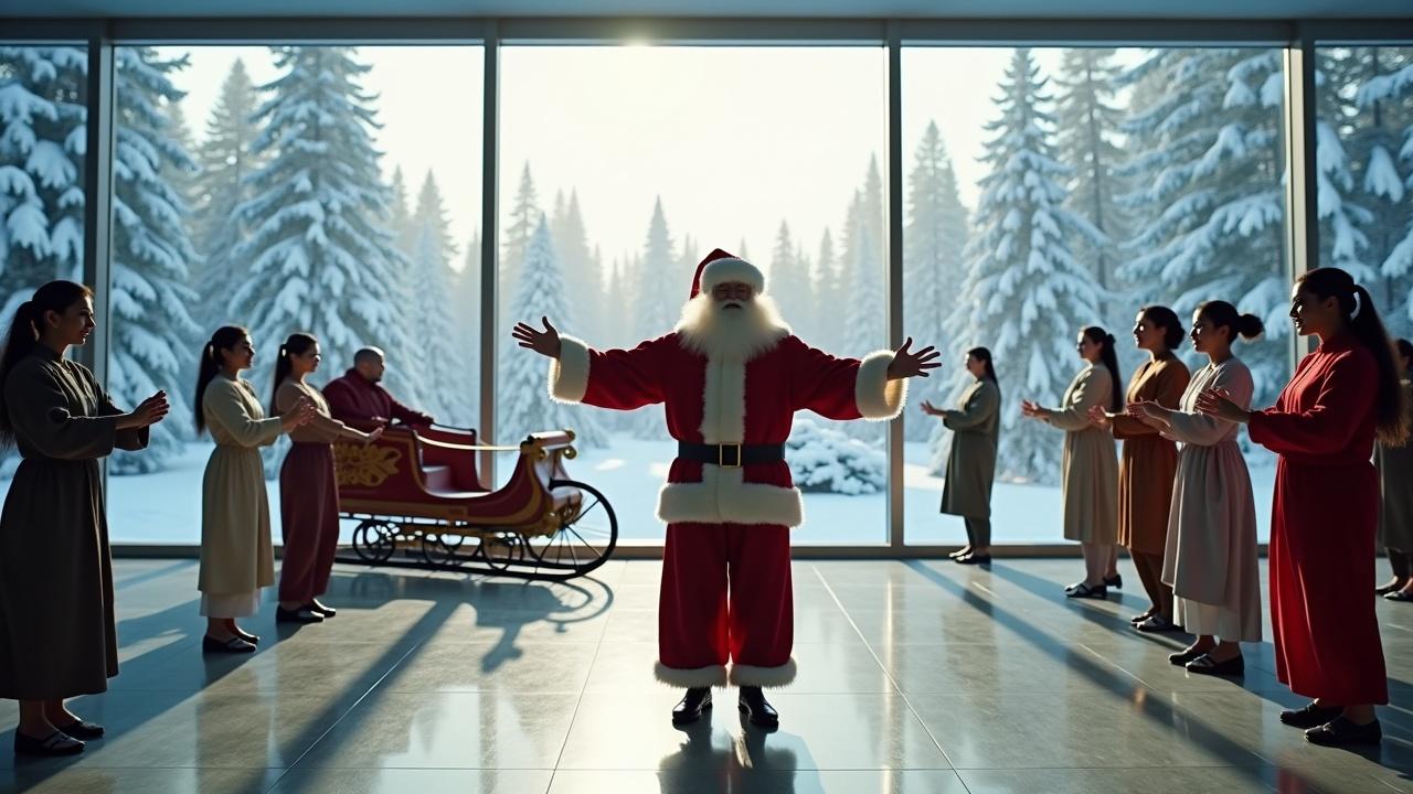 Cinematic image of Santa Claus celebrating in high-tech room with open arms. Diverse people practicing taichi around him. Snowy woods visible through openings. Sleigh with reindeer parked. Wide shot showing Santa surrounded by beautiful people.