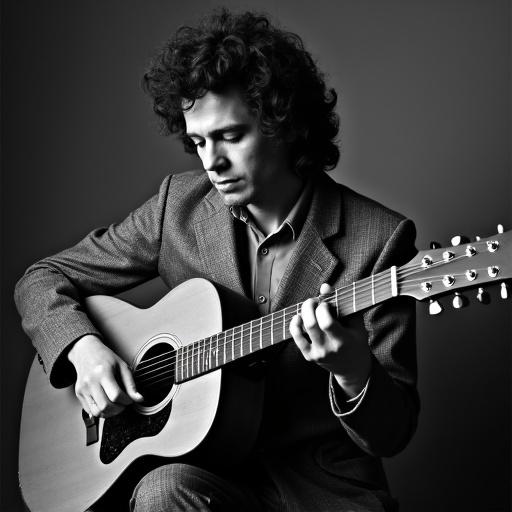 Musician playing guitar in a monochrome setting. Subject has curly hair and wears a suit. Guitar is visible in focus. Expression shows introspection and artistry.