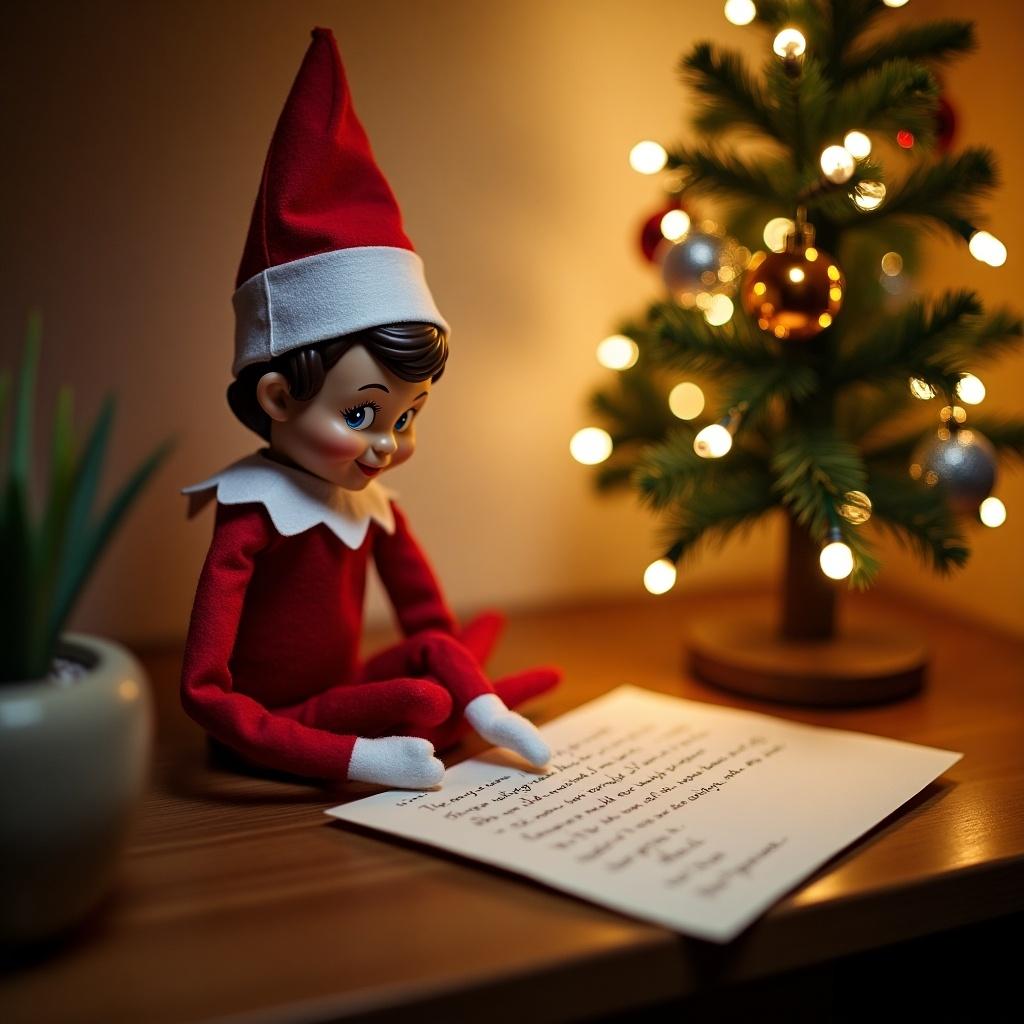 An Elf on the Shelf is sitting at a cozy wooden table, focused intently on writing a letter. The elf wears a classic red outfit with a white collar and pointy hat. Next to the elf is a small Christmas tree adorned with colorful ornaments and fairy lights, creating a warm atmosphere. There’s a little green potted plant in the background, enhancing the cozy indoor setting. The elf's expression is playful and mischievous as it writes. The scene captures the essence of holiday spirit and family traditions during Christmas.