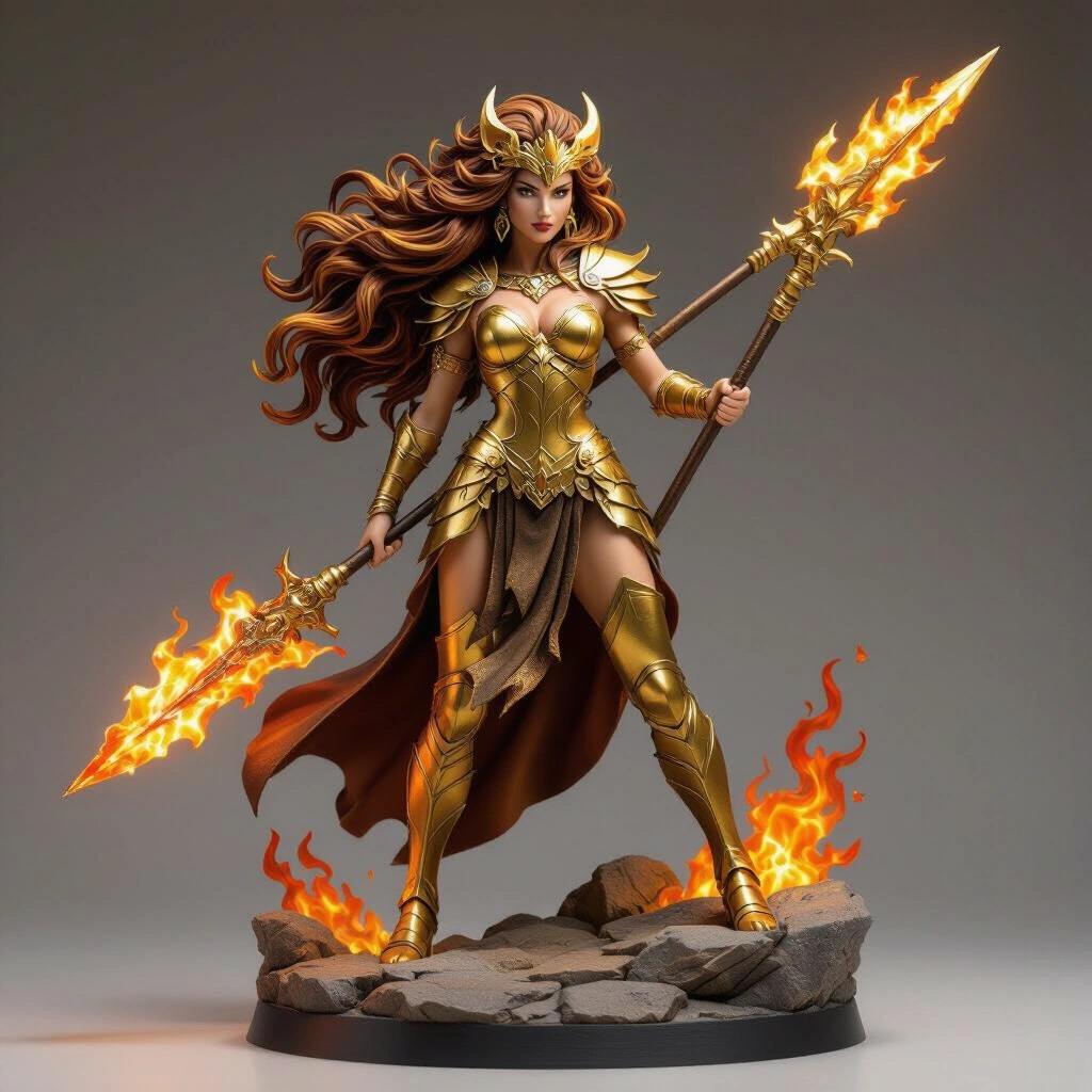 Resin female figure inspired by the Leo sign. Majestic goddess has long flowing hair in golden brown with highlights. She wears detailed golden armor and a short metallic skirt revealing strong legs. Stands on a rocky base with a raised flaming weapon. Proud, defiant expression, dominant sensual pose with one leg forward. Wears a lion mane crown and glowing ember eyes. Design conveys strength and royalty in a semi-realistic fantastical style.
