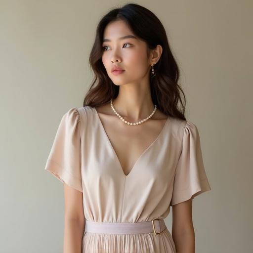 A woman in a light beige dress features a small V-neck and flared sleeves. The dress has a subtle pleated skirt texture and is cinched with a thin lavender belt. She wears pearl earrings and a delicate gold chain necklace. Her hair is long and slightly curly. The makeup is natural and emphasizes earth tones, with a nude pink lip gloss. The image is softly lit, showcasing exquisite details.