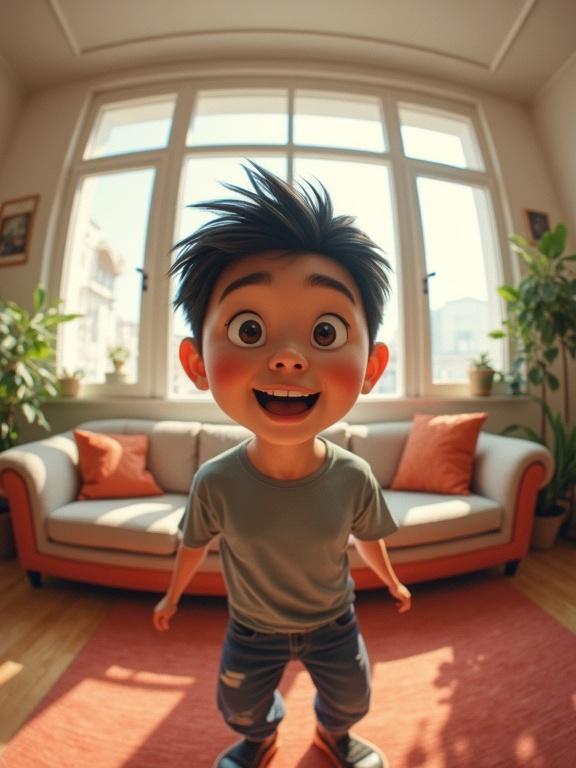 A joyful child in a bright living room. Room is filled with plants and a comfortable couch. Extreme fisheye lens effect creating a whimsical perspective. Natural light brightens the space making it inviting. Child dressed casually displaying a silly expression. Attention to fun textures and bright colors.
