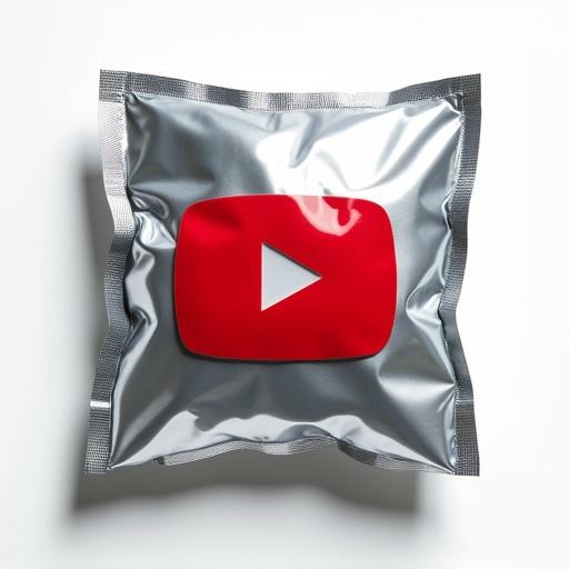 High-resolution hyperrealistic image of YouTube logo sealed inside metallic vacuum pouch. Packaging tightly conforms to object's shape with exaggerated curves. Includes condensation and creases for realism. Object retains bold, clean look with smooth graphic shape. Background white soft gray to highlight packaging reflections. Optionally features barcode labels for branding. Dramatic lighting emphasizes texture. Experimental edgy collectible vibe.