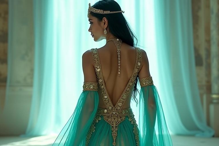 Profile shot of a tall figure wearing a turquoise Arabian princess-style outfit. The outfit features ornate gold embroidery. The sheer pants have intricate floral patterns. Black shiny hair is styled beautifully. The back of the outfit has a deep cut, revealing a golden border. The model walks toward a glowing veil with deep focus in her expression.
