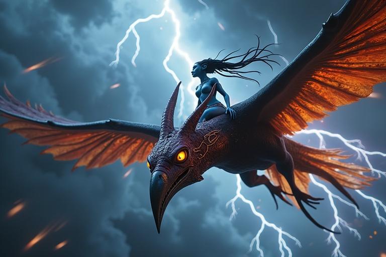 A colossal storm brews over the open sea. Black clouds swirl. Forks of lightning crackle. Kaari clings to the mighty Toruk. They spiral through the chaos. Toruk is massive, fearsome, with fiery patterns. Its wings are broad and leathery. Kaari is a tall Na’vi female, her skin radiant blue. Her muscles tense, eyes fierce. They soar through burning clouds.