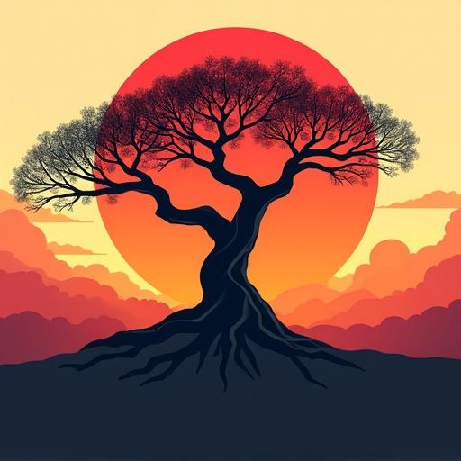 An ancient twisted tree with visible thick roots. Silhouette in front of a large red-orange setting sun. Warm sky with layered clouds. Stylized rocky hill under the tree. Minimalist vector style. Paper-cut design with high contrast. Modern poster layout.