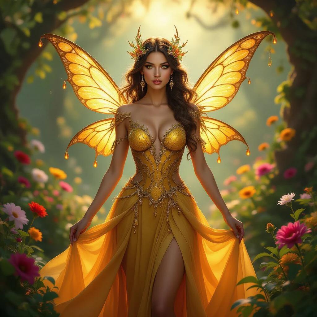 A woman wearing a golden gown inspired by honeycomb textures. She has glowing amber wings. The scene is a bright, flower-filled woodland. Soft light creates an ethereal atmosphere. Emphasizes themes of beauty and fantasy.