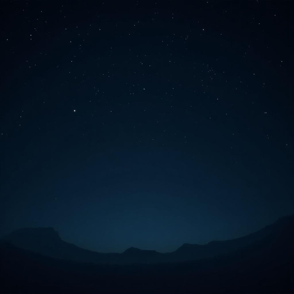 Peaceful subtle starry night sky with twinkling stars. Dark sky with silhouettes of mountains in the background.