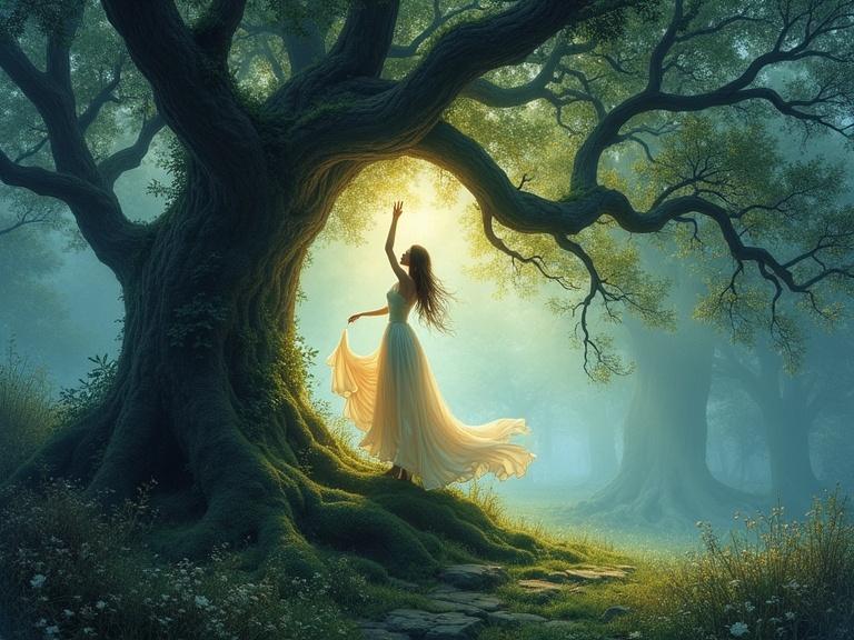 Ethereal figure dances within ancient tree in misty forest. Wisps of light illuminate gown and cast shadows on mossy ground. Air thick with scent of damp earth and blooming flowers. Captures dreamy ambiance blending soft watercolor with detailed linework. Touches of bioluminescence enhance atmosphere.