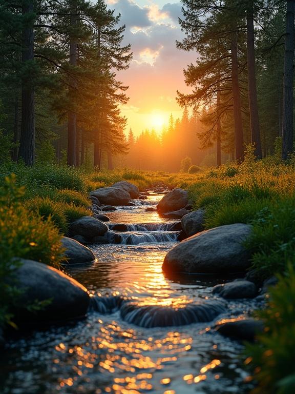 Forest stream illuminated by golden sunlight. Water flows over dark gray rocks. Warm colors reflect on the surface. Lush green grass borders the stream. Tall trees frame the scene. Sky transitions from blue to orange.