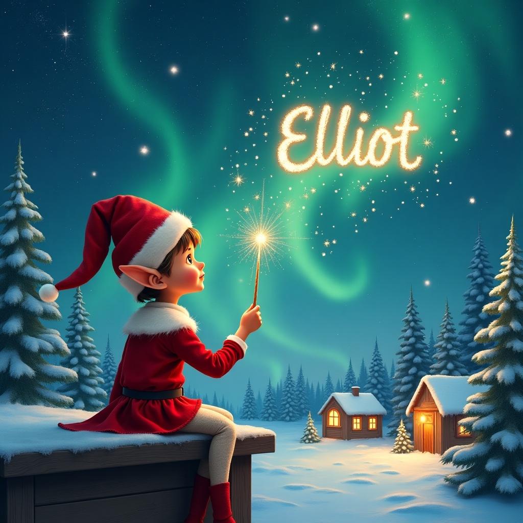 Elf sits on wooden ledge. Back to camera. Gazing at magical sky. Dressed in red outfit. Holds sparkling wand. Writes name 'Elliot' in sky. Snowy landscape. Charming houses. Evergreen trees. Shimmering Northern Lights. Adds name 'Brysinn'.