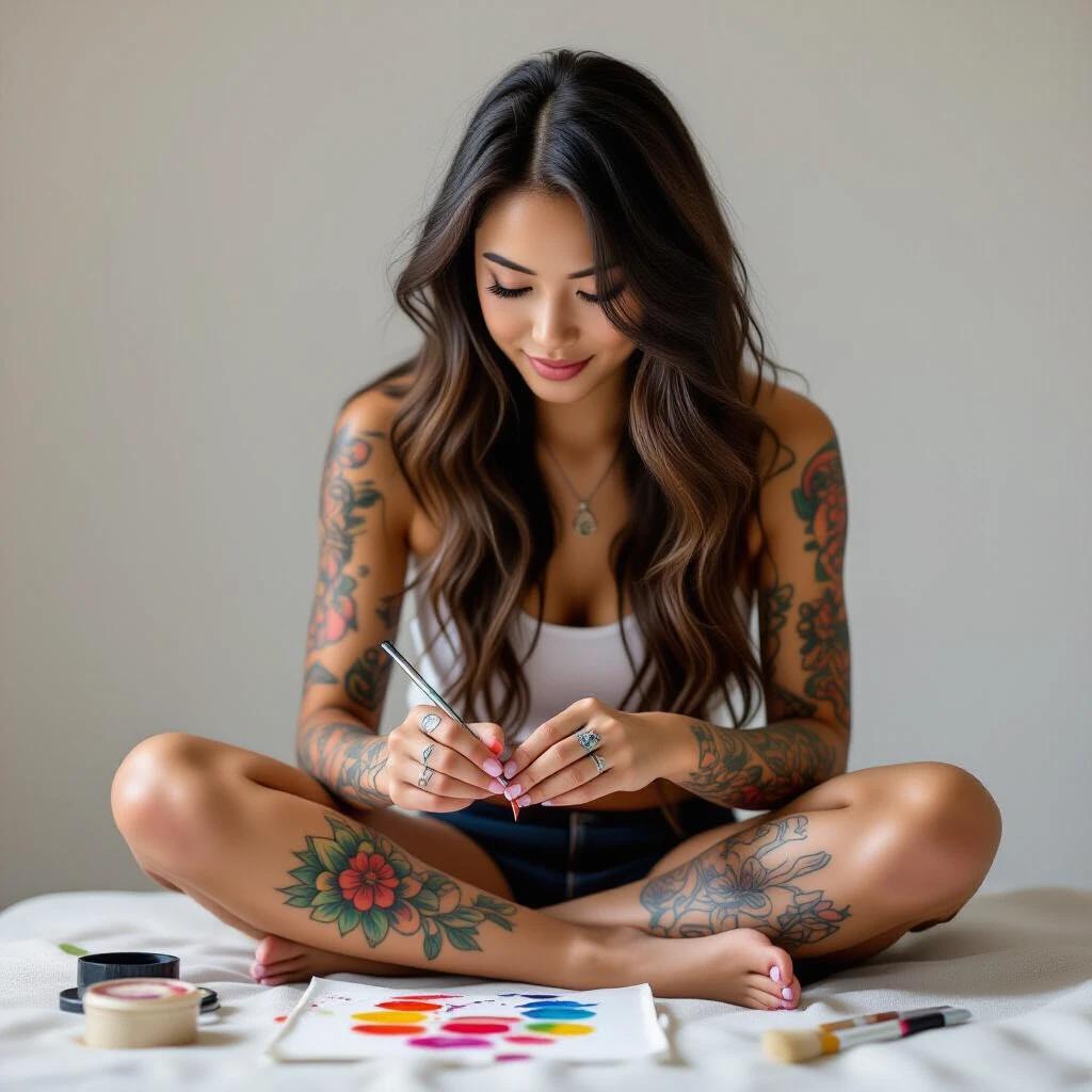 Asian woman with long hair and tattoos sitting on a bed. She is painting her toenails with a color palette beside her. The image captures relaxation and creativity.